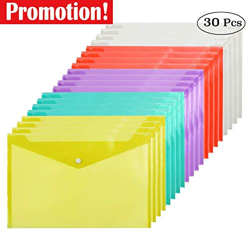 Cooldool 30 Pcs Poly Envelope Folder with Snap Button Closure, Premium Quality Plastic Envelopes,Waterproof Transparent Project Envelope Folder, A4 Letter Size in 6 Assorted Colors