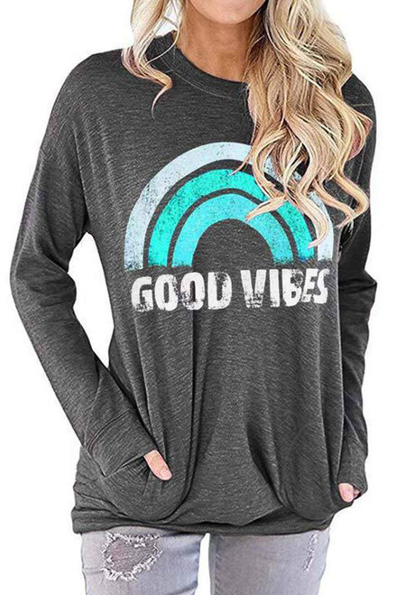 NOUYIOC Womens Good Vibes Sweatshirt Blouses Round Neck Long Sleeve Rainbow Pullover Top Casual T Shirts with Pockets