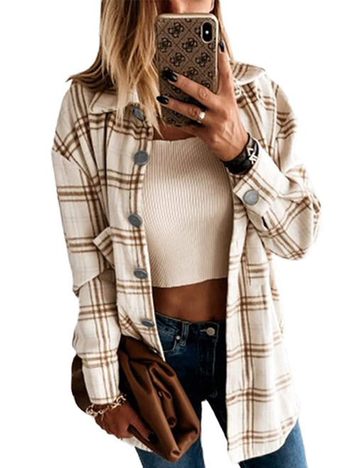 Meceku Womens Flannel Plaid Shirts Long Sleeve Casual Mid-Long Blouses Button-Down Shirts with Pockets Khaki Small