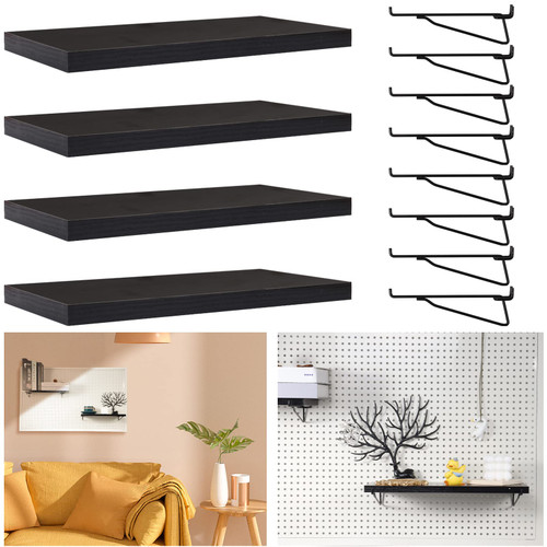 mwellewm Black Pegboard Shelf Set,4 Pack Heavy Duty Wooden Pegboard Shelves with Metal Pegboard Shelf Bracket,Peg Board Hooks Organizer Accessories for Craft Room,Office,Workbench,Garage,Nursery