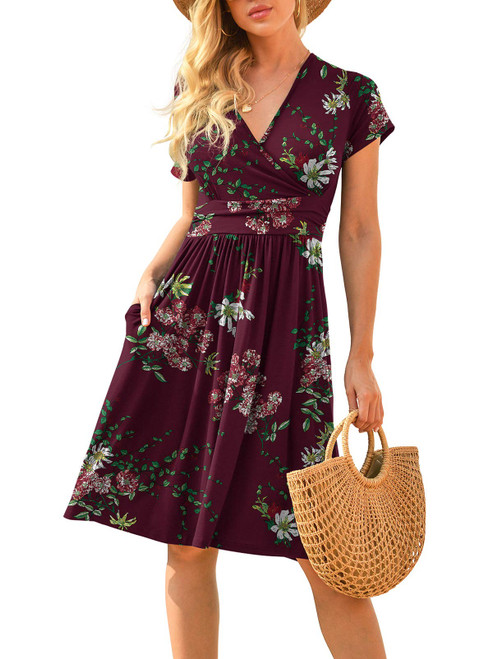 LILBETTER Women's Summer Casual Short Sleeve V-Neck Short Party Dress with Pockets Flower Wine Red Medium