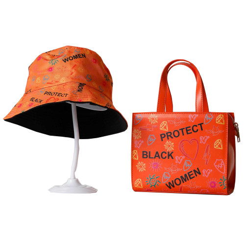 Vaeltaja Fashion protect black women graffiti purse tote bag PU Leather Top Handle Handbag Crossbody Shoulder Bag hat set (orange)