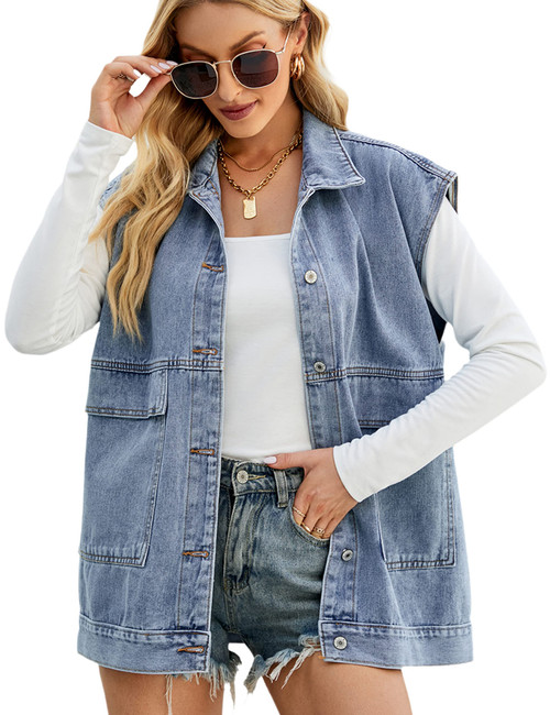 Huaqiao Women's Denim Jean Vest Oversized Sleeveless Button Down Denim Waistcoat Shacket Jacket(Blue-S)