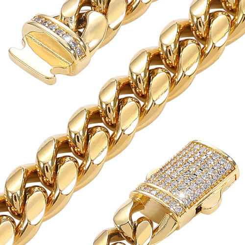 putouzip Miami Cuban Link Chain Set For Men 18K Gold Plated Stainless Steel 10/12mm Curb Bracelet Necklace Diamond Chains(12MM Arc Gold Necklace,24inch)