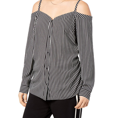 bar III Womens Striped Off The Shoulder Blouse, Black, Small
