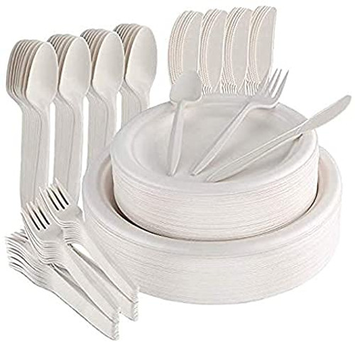 Leexin Disposable Dinnerware Set Biodegradable Sugarcane Cutlery Tableware and Dinner Plates, Knives, Spoons, Forks Combo for Birthday Party, BBQ Picnic, Eid, Events Eco-Friendly 250 Pcs 50 Guests Leexin Disposable Dinnerware Set Biodegradable Sugarcane Cutlery Tableware and Dinner Plates, Knives, Spoons, Forks Combo for Birthday Party, BBQ Picnic, Eid, Events Eco-Friendly 250 Pcs 50 Guests