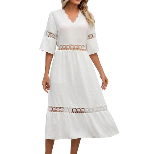Women Summer Dresses Floral V Neck Lace Border Short Sleeve Solid Color Casual Dress Maxi Dresses for Women Women Summer Dresses Floral V Neck Lace Border Short Sleeve Solid Color Casual Dress Maxi Dresses for Women