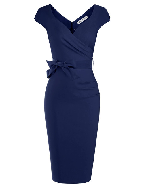 MUXXN Women's Lady Vintage Wrap V Neck Pencil Midi Cap Sleeve Work Office Dress with Belt Navy Blue L