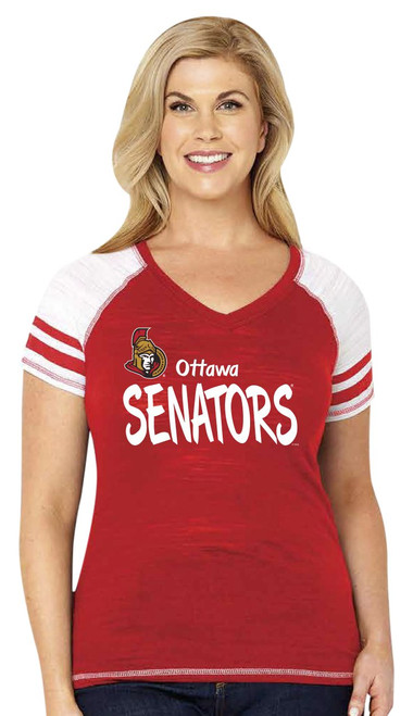Soft As A Grape NHL Ottawa Senators Women's Multi Count Curvy Triblend Short Sleeve V-Neck Tee with Stripes, 3X, Red