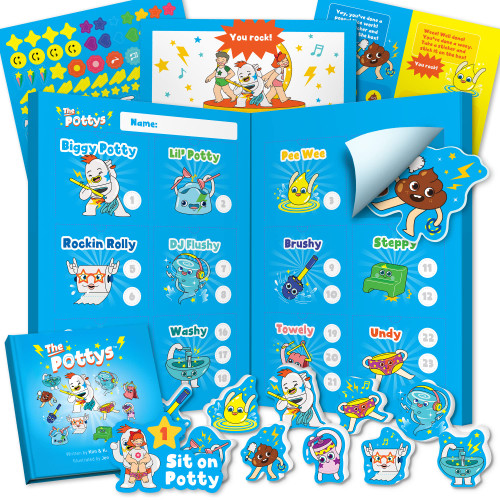 THE POTTYS Funny Potty Training Chart Game for Boys and Girls, Potty Training Rewards for Toddlers - 12 Foam Toys, Potty Stickers, Certificate, Cue Cards and Potty Book for Toilet Training