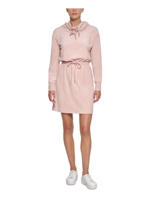 Calvin Klein Womens Pink Stretch Tie Ribbed Drawstring Waist Long Sleeve Cowl Neck Short Sweatshirt Dress S