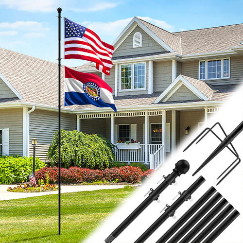 Acostop 10 FT Heavy Duty Flag Poles in Ground with 5 Pronges Base- Extra Thick Flag Pole Kit for Yard, Fit for 2 Flags- Windproof Ground Flag Poles for Outside House Residential or Commercial, Black