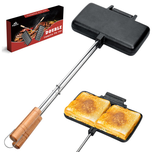 Alytree Double Pie Irons for Camping Cast Iron Cooker, Portable Campfire Sandwich Maker, Mountain Pie Maker with Grill Grid, Camping Cookware, Campfire Cooking Equipment