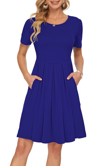 AUSELILY Women's Summer Solid Plain Short Sleeve Sodalite Blue Cobalt Pleated Loose Swing Casual Dress Pockets Knee Length (M,Royal Blue)