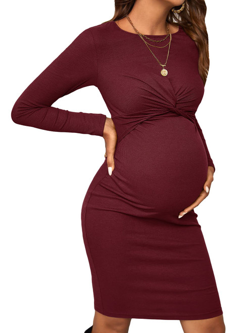 Verdusa Women's Maternity Twist Front Long Sleeve Round Neck Bodycon Dress Burgundy M