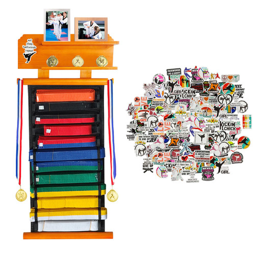 ELEGICKLIP 12 Belts Karate Belt Display Rack with 2 Tier Trophy and Medal Display Rack, Martial Arts Belt Display Rack with Stickers, Taekwondo Belt Display Holder for Kids and Adults