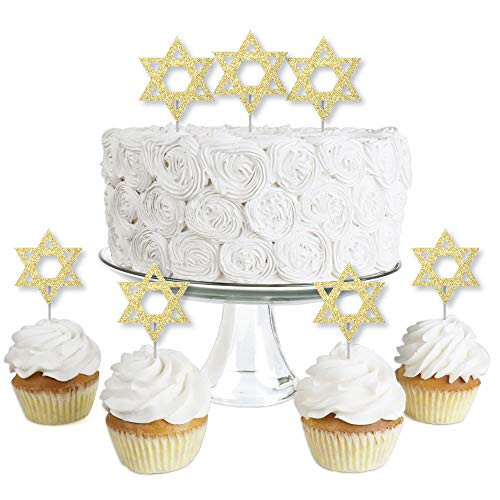 Gold Glitter Star of David - No-Mess Real Gold Glitter Dessert Cupcake Toppers - Hanukkah Clear Treat Picks - Set of 24