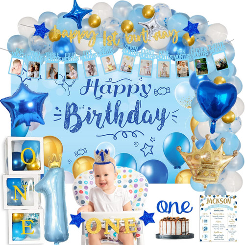 118 PCs First Birthday Decorations for Boy, Party Inspo Baby Boy 1st Birthday Decorations One Year Old Backdrop Balloon Garland Monthly Photo High Chair Banner Cake Topper Box Cutout Poster Crown Blue 118 PCs First Birthday Decorations for Boy, Party Inspo Baby Boy 1st Birthday Decorations One Year Old Backdrop Balloon Garland Monthly Photo High Chair Banner Cake Topper Box Cutout Poster Crown Blue