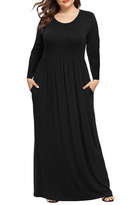 LONGYUAN Women's XL-6XL Long Sleeve Casual Plus Size Maxi Loungewear Dresses with Pockets Black,XXL