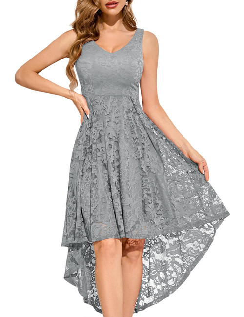 MUADRESS Women's Elegant Floral Lace Dress Sleeveless V-Neck Hi-Lo Cocktail Dress for Evening Party Grey S MUADRESS Women's Elegant Floral Lace Dress Sleeveless V-Neck Hi-Lo Cocktail Dress for Evening Party Grey S