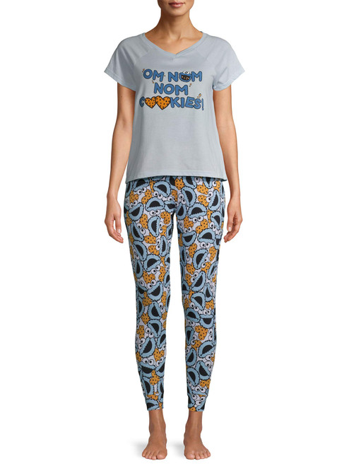 Sesame Street Om Nom Nom Cookie Monster 2 Piece Womens Pajama Set, Medium Blue