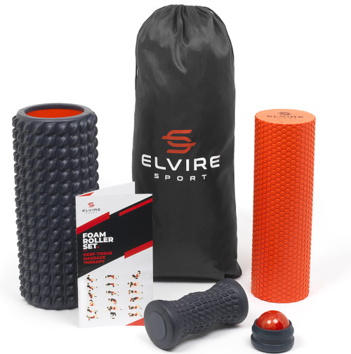 Foam Roller for Exercise - Premium Foam Roller Set 4 in 1 - Includes Massage Roller, Foot Roller, Back Roller, for Exercise & Physical Therapy - Ideal for Yoga, Back, Neck, Legs, Muscles ELVIRE
