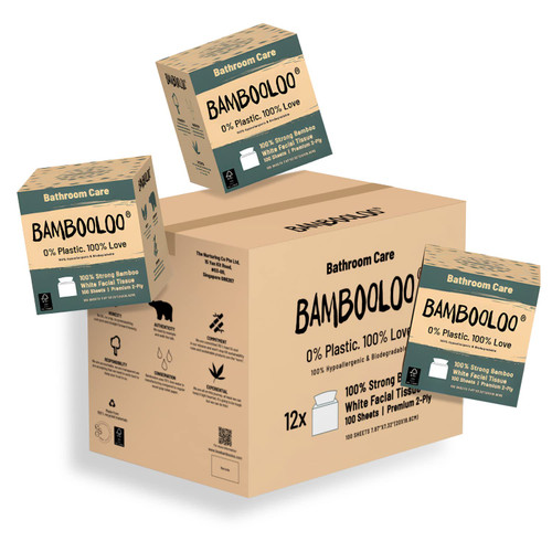 Bambooloo Facial Tissues, 100% Virgin Bamboo Tissue Boxes, Upgraded 3 Ply Tree Free Eco Friendly Facial Tissues, 100 Skin Safe Sheets, Sustainable & Individually Wrapped, 12 Boxes per Carton