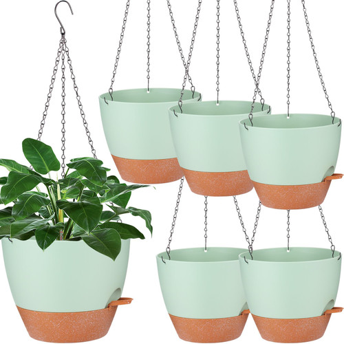 meekoo 6 Pcs 10 Inch Hanging Planter Indoor Outdoor Self Watering Hanging Pots with Drainage Holes Removable Tray Hanging Plastic Flower Plant Pots Hanging Baskets Holder Plants for Garden (Green)