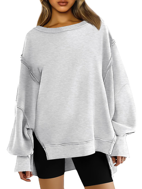 Trendy Queen Womens Oversized Sweatshirts Crewneck Hoodies Sweaters Fall Clothes Side Slit Long Sleeve Fleece Fashion Y2k Teen Girls Cute Preppy Winter Outfits 2023 Grey