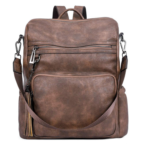 CLUCI Backpack Purse for Women Large Backpack Leather Fashion Designer Travel Ladies Shoulder Bags with Tassel Two-tone coffee
