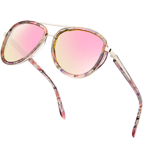 BIRCEN Polarized Sunglasses for Women UV - Protection Womens Retro Mirrored Pink Aviator Shades with Acetate Frame BC2001