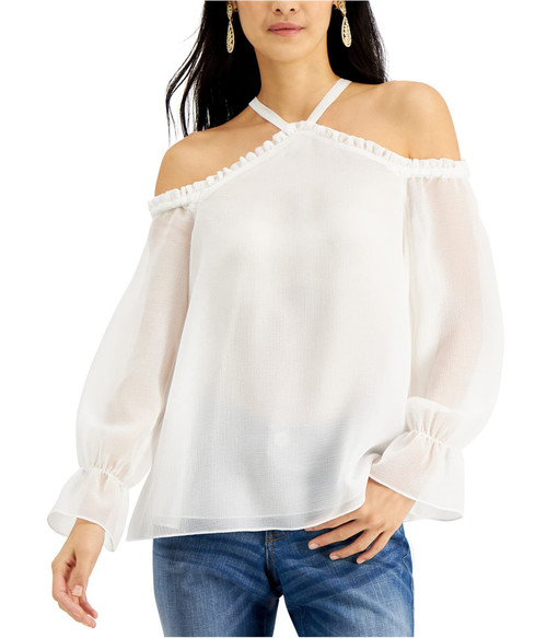 I-N-C Womens Ruffled Cold Shoulder Blouse, White, Small