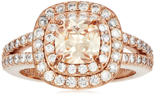 Amazon Collection 14k Rose Gold Plated Sterling Silver Champagne Cubic Zirconia Cushion Cut 6mm Double Halo Ring, Size 7