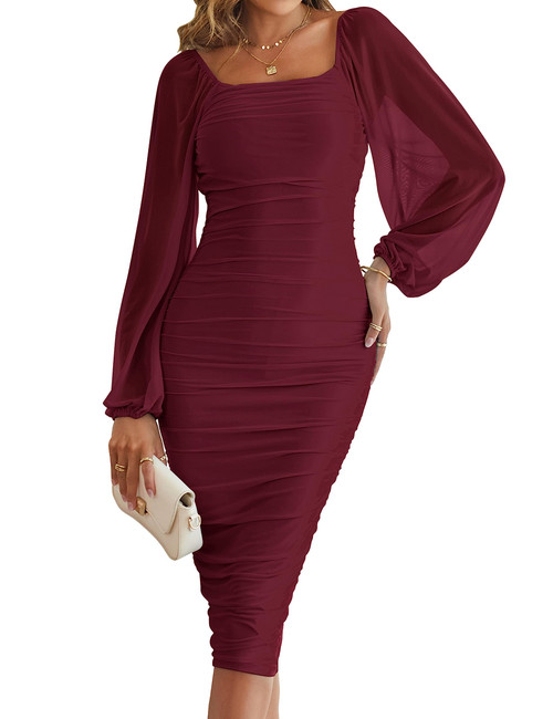 MEROKEETY Womens Elegant Long Balloon Sleeve Square Neck Ruched Bodycon Solid Clubwear Party Dress,WineRed,M