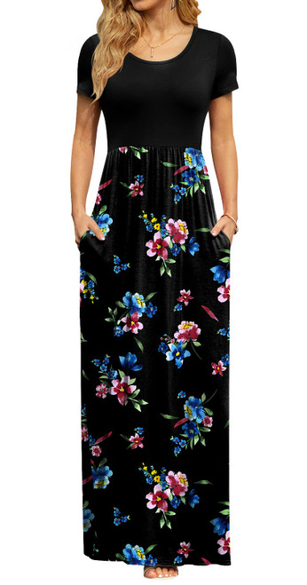 DB MOON Womens Casual Maxi Dresses Short Sleeve Empire Waist Long Dress for Beach with Pockets(Blue Floral Black, L) DB MOON Womens Casual Maxi Dresses Short Sleeve Empire Waist Long Dress for Beach with Pockets(Blue Floral Black, L)