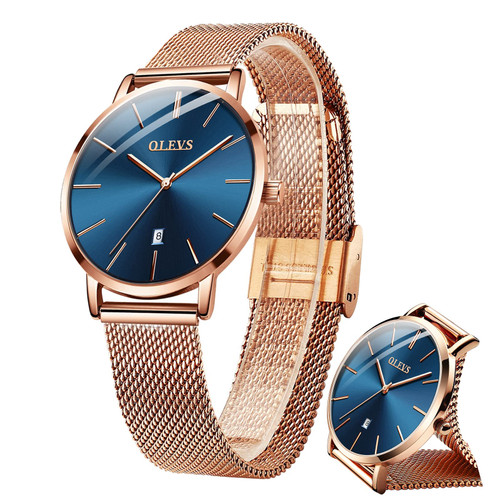 OLEVS Watch Women Rose Gold Ladies Watch and Bracelet Sets for Women Blue Face Ultra Thin Women's Wrist Watches Date Fashion Ladies Watches Minimalist Quartz Women Watches Casual Mesh Steel Band Slim Dress Analog Waterproof