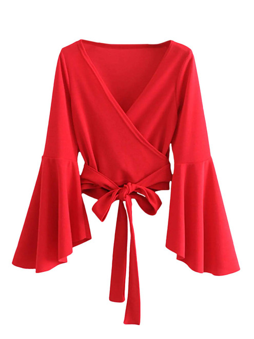 SweatyRocks Women's Long Sleeve V Neck Tie Knot Bandage Wrap Blouse Crop Top Red XXL