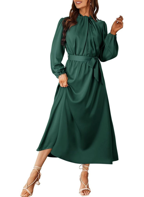 Dokotoo Women's Short Formal Satin Dress 2023 Summer Spring Long Sleeve Mock Neck Tie Waist Cocktail Party Dresses Green Small