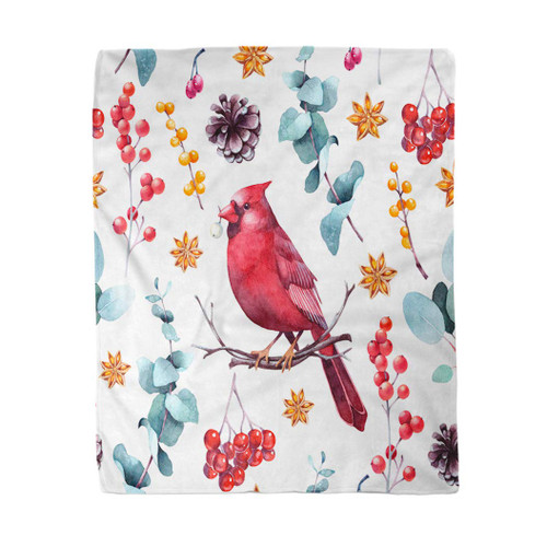 rouihot 50x60 Inches Flannel Throw Blanket Christmas Cardinal Bird Berries Eucalyptus and Cones on Holiday Home Decorative Warm Cozy Soft Blanket for Couch Sofa Bed