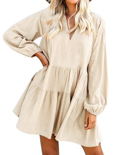 FANCYINN Long Sleeve Shift Tunic Dress Ruffle Swing Babydoll Juniors Mini Tiered Dress with Pockets Beige S