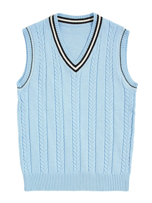 Romwe Men's Cable Knit V Neck Relax Fit Sleeveless Knitwear Pullover Sweater Vest Blue Solid Plain L