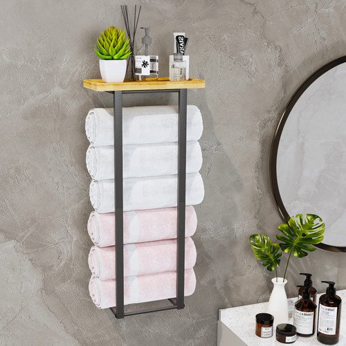 Towel Racks for Bathroom, Towel Rack Wall Mounted Towel Storage, Homeiju Metal Towel Holder with Bamboo Shelf, Wall Towel Storage Rack Shelf for Rolled Towels, Black