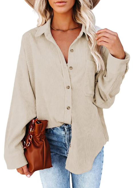 Dokotoo Womens Corduroy Shirts Button Down V Neck Long Sleeve Blouse Casual Roll Up Cuffed Tops with Pockets L Beige