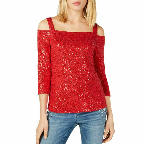 I-N-C Womens Sequined Cold Shoulder Blouse, Red, X-Large
