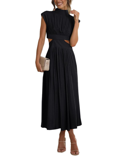 Rooscier Women's Mock Neck Ruched Cutout Waist Cap Sleeve A Line Swing Pocket Long Dress Black Large