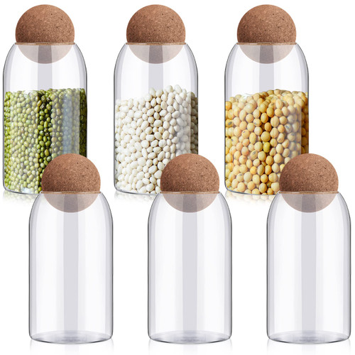 6 Pcs Glass Storage Container with Ball Cork Glass Jar with Cork Lid Cork Glass Jar Glass Storage Containers Cork Jars Coffee Jars Cute Containers for Food Coffee Bean Candy Nut Storage (25 oz)