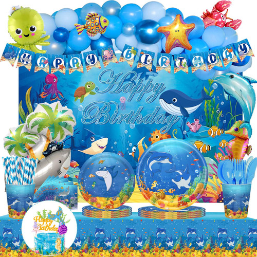 228 PCs Under The Sea Party Decorations, Hombae Ocean Themed Birthday Party Supplies Backdrop Balloon Garland Banner Tablecloth Cake Topper Plate Napkin Cup Straw Knife Spoon Fork Shark Octopus 228 PCs Under The Sea Party Decorations, Hombae Ocean Themed Birthday Party Supplies Backdrop Balloon Garland Banner Tablecloth Cake Topper Plate Napkin Cup Straw Knife Spoon Fork Shark Octopus