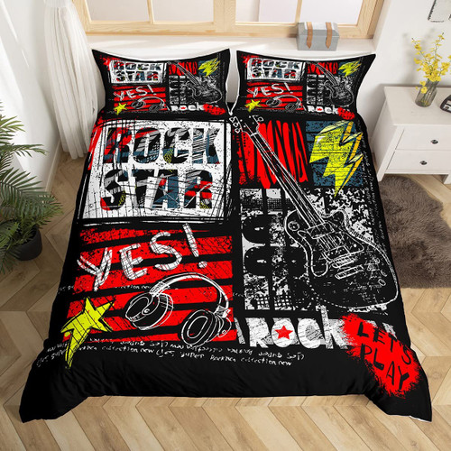 Manfei Rock Roll Duvet Cover Set Twin Size Headset and Guitar Print Bedding Set 2pcs for Kids Boys Teens Room Decor, Music Theme Comforter Cover Graffiti Style Bedspread Cover with 1 Pillowcase