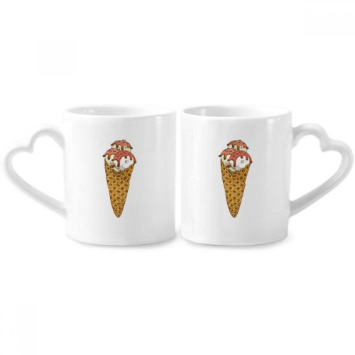 Red White Egg Cones Ice Cream Ball Couple Porcelain Mug Set Ceramic Lover Cup Heart Handle