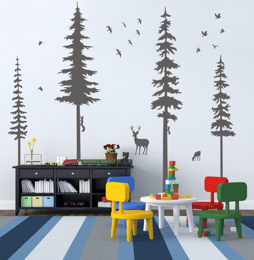 Pine Tree Wall Decals Woodland Vinyl Wall Sticker Forest Wall Decals with Animal Wall Stickers Squirrels Deers Wall Stickers for Kids Nursery Children Room Living Room Wall Decoration (Grey)